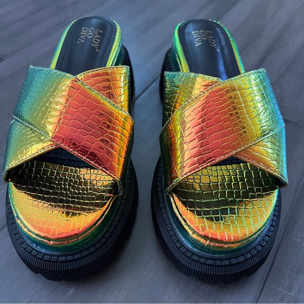 Dolls Kill Iridescent Croc Criss Cross Platform Sandals - Size 6 - Picture 3 of 13